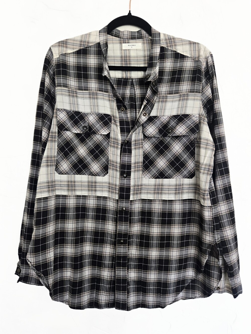 Billy Reid Plaid Black Tan Blocked Snap Up Top, S